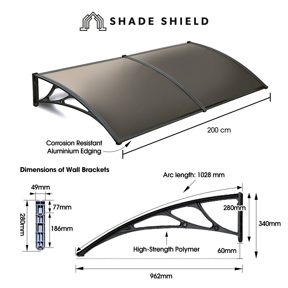 2x1m Black Awning with UV & Rain Protection - DIY Polycarbonate Canopy Cover