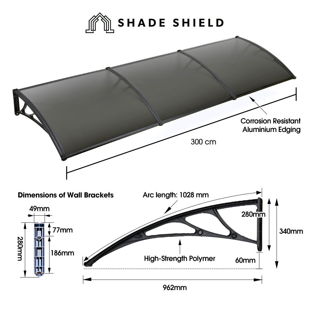 3x1m Black Exterior Awning with UV & Rain Protection, DIY Polycarbonate Cover