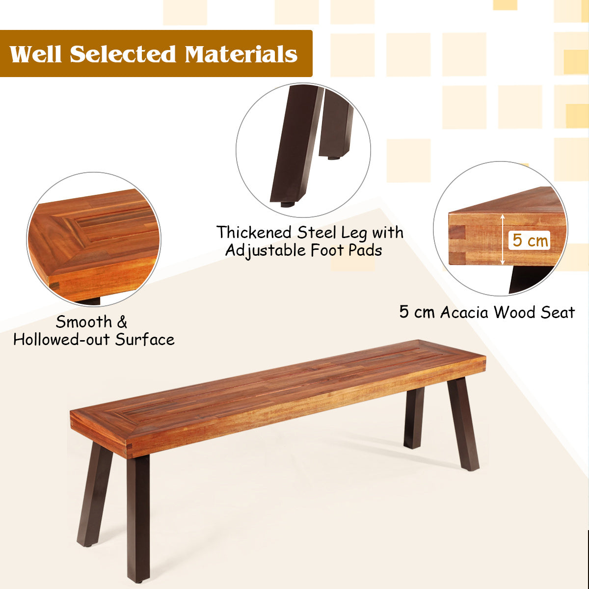 Outdoor Acacia Wood Bench with Rustic Steel Legs for Garden Poolside-2 pieces