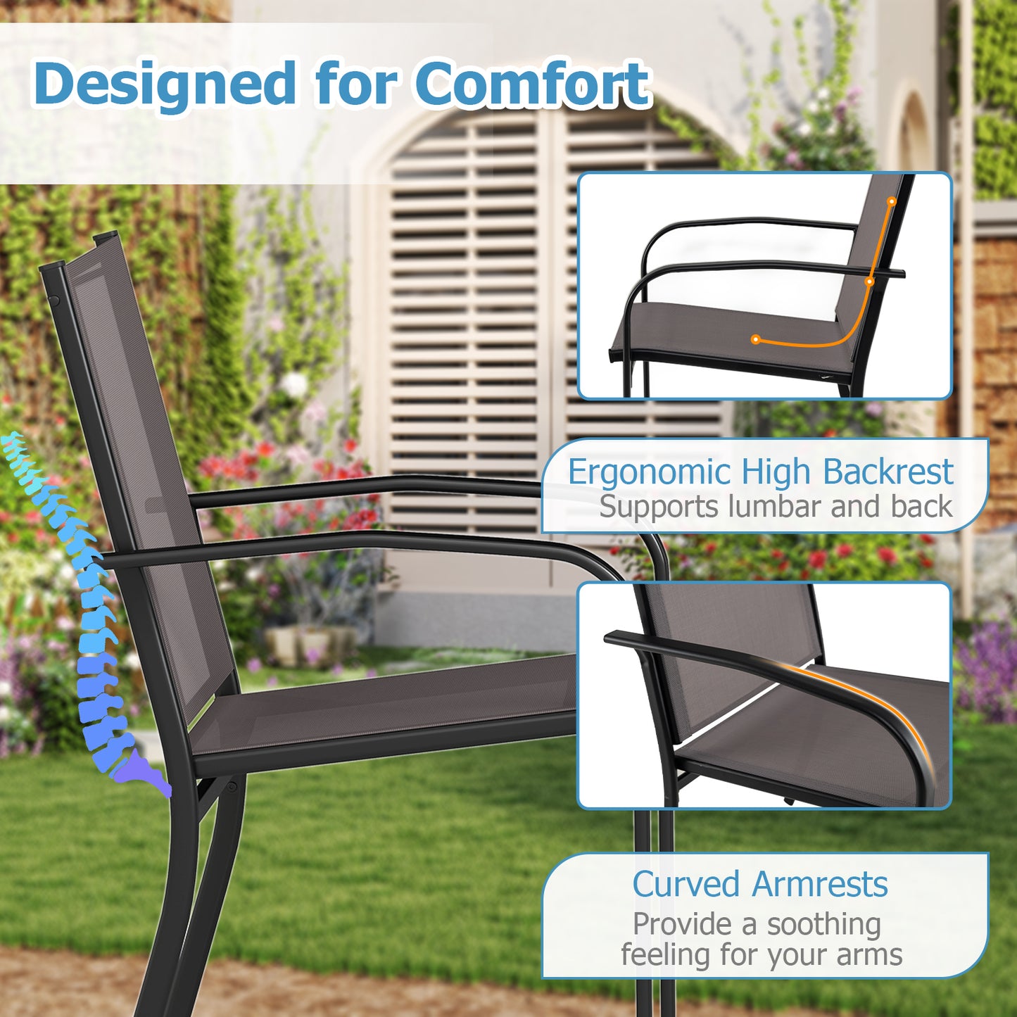 Outdoor Dining Chairs Set of 2 with Breathable Fabric-Grey