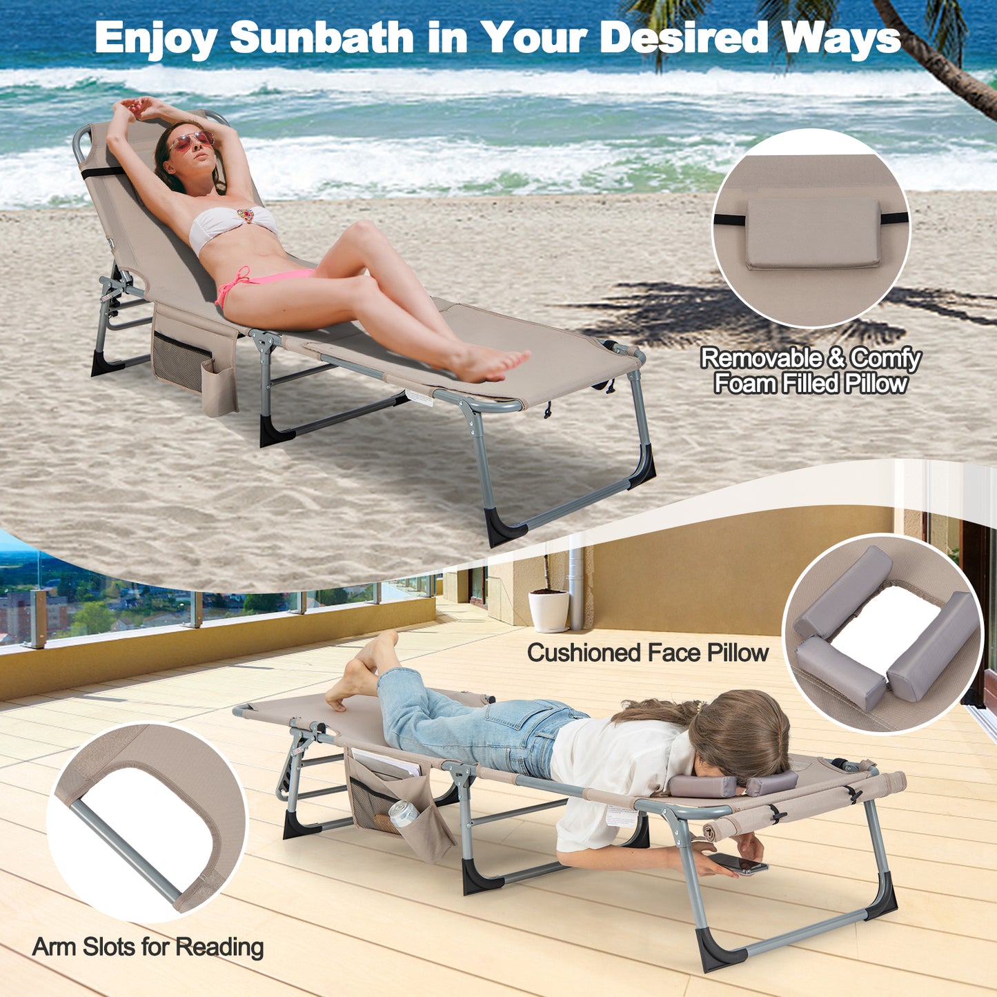 Outdoor Folding Chaise Lounge Chair 5-position Lounge Chair-Brown