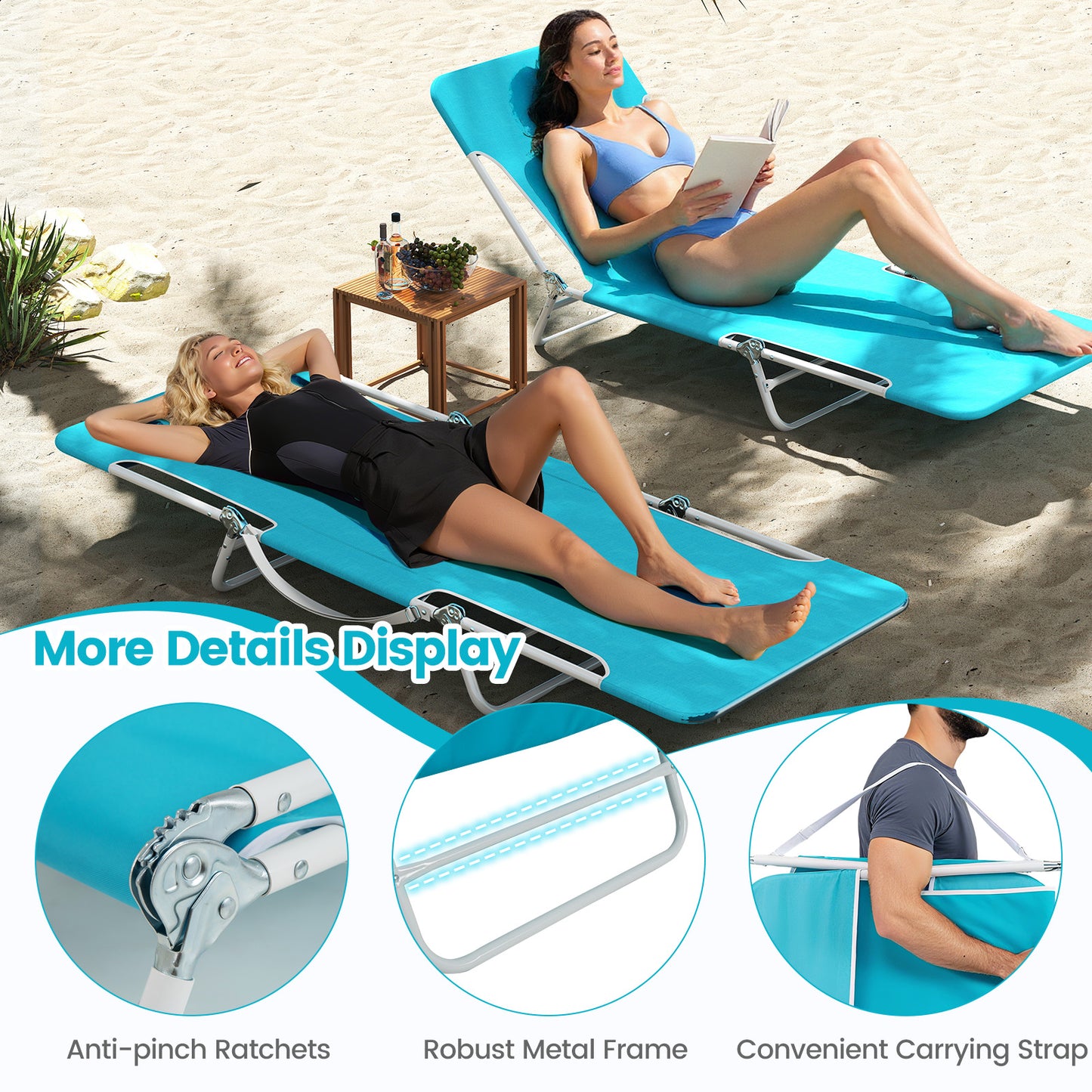 2 Pieces 5-position Outdoor Folding Chaise Lounge with Carry Strap for Patio-Navy