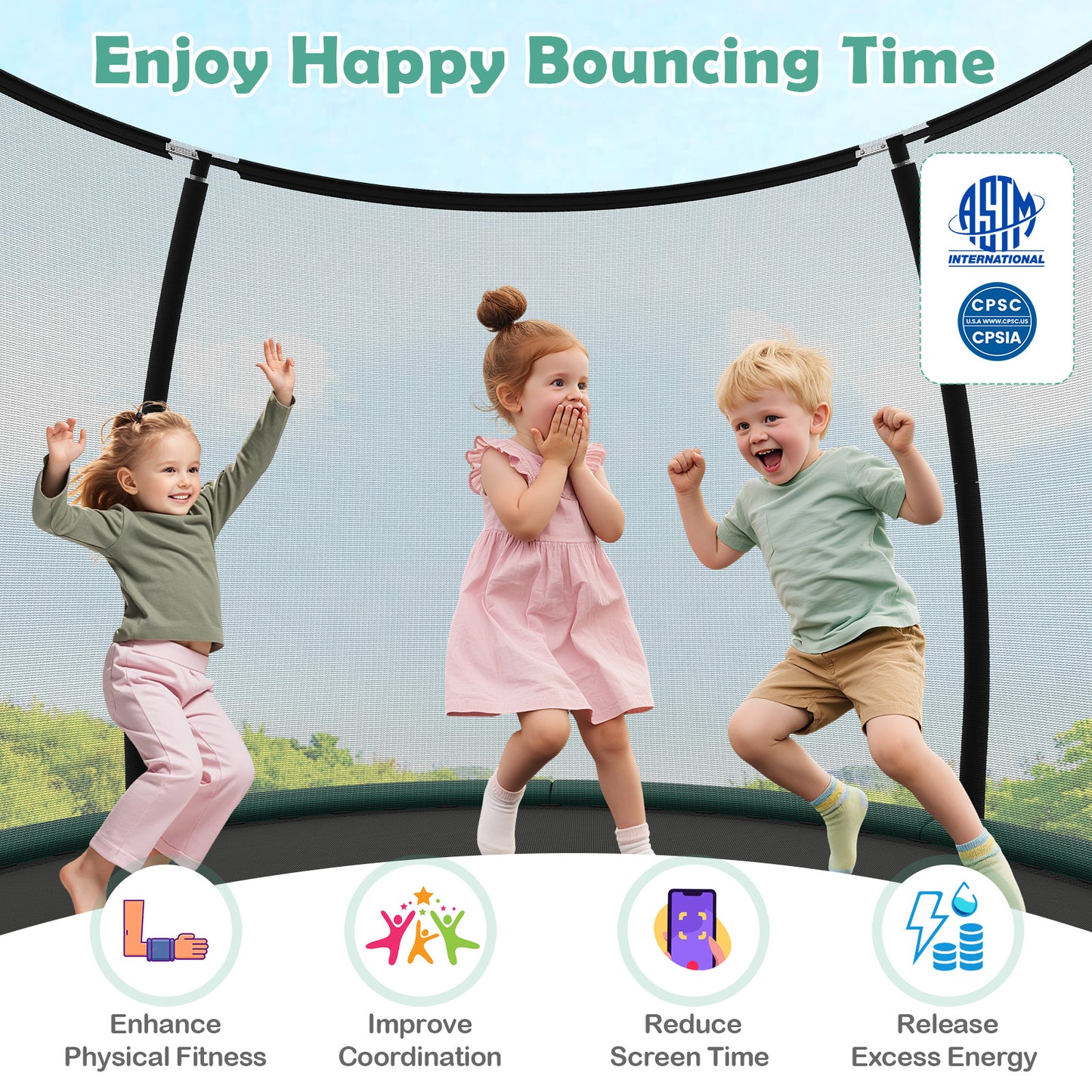 Outdoor Heavy-Duty Recreational Trampoline with Safety Enclosure Net-Green