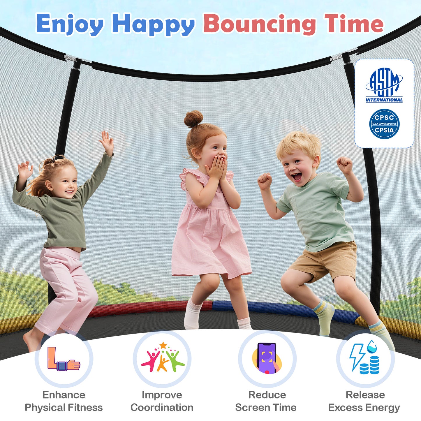 Outdoor Heavy-Duty Recreational Trampoline with Safety Enclosure Net-Multicolour