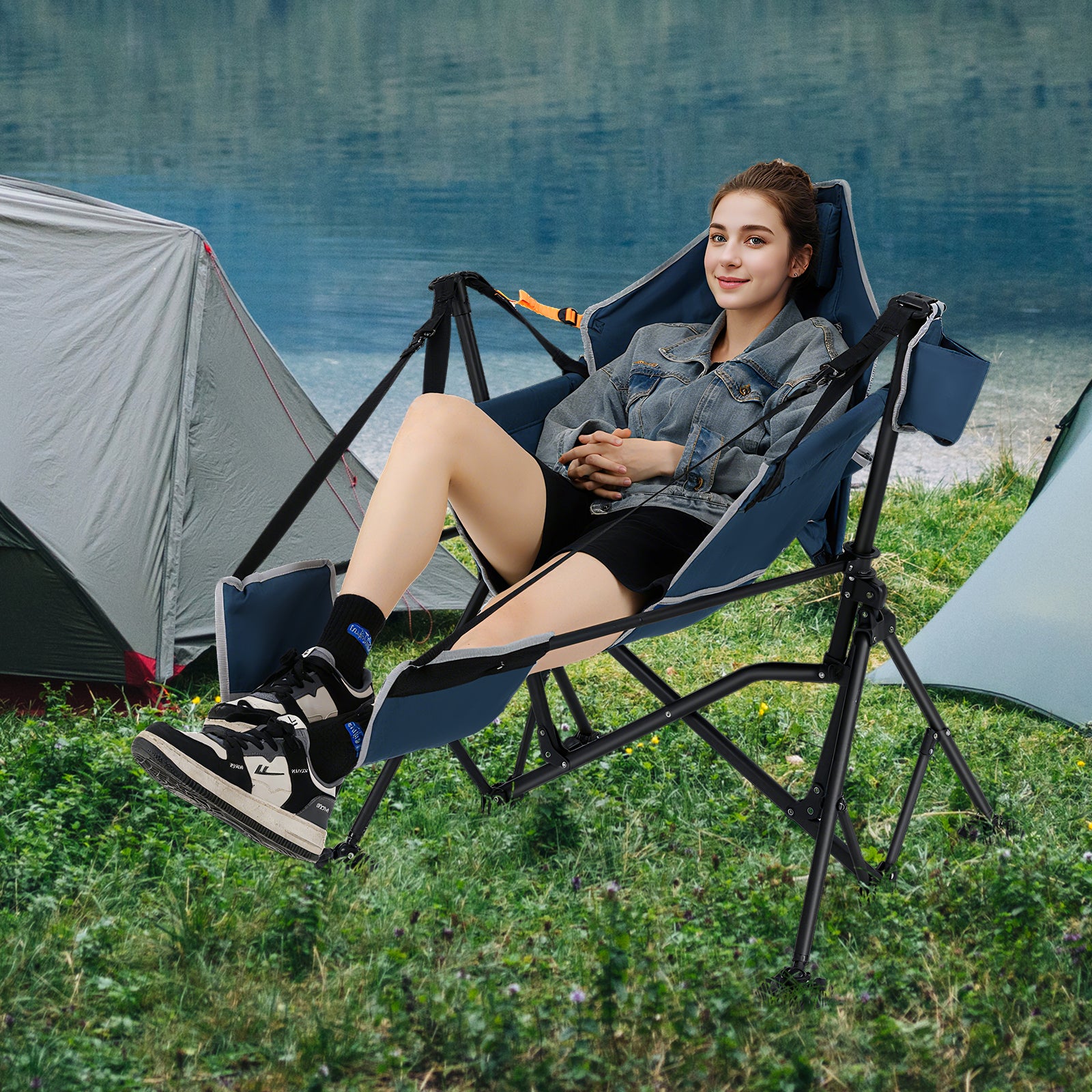 Oversized Hammock Camping Chair with Footrest and Cup H