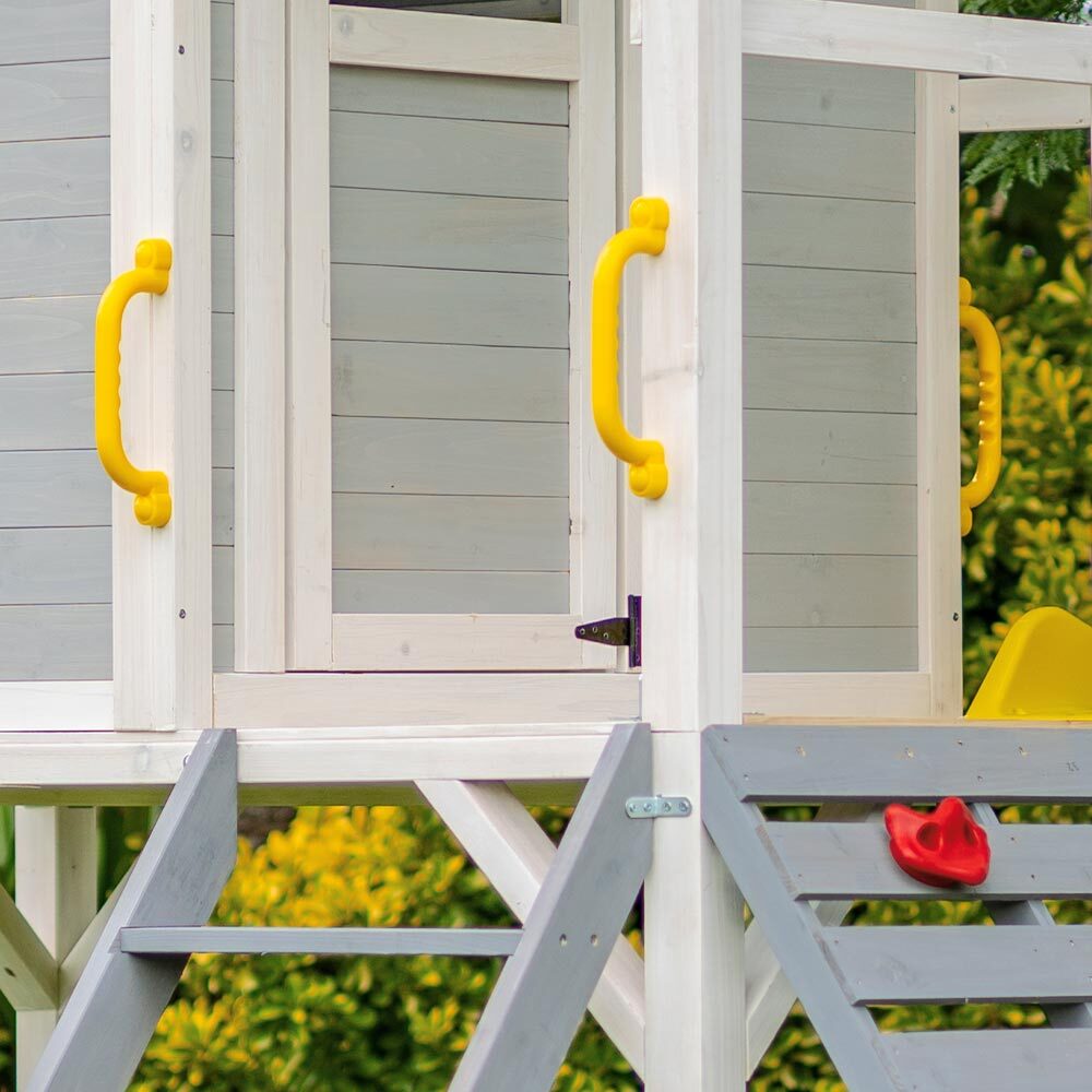 Wooden Tower Playhouse with Slide, Climbing Wall, and Sandpit - Rovo Kids