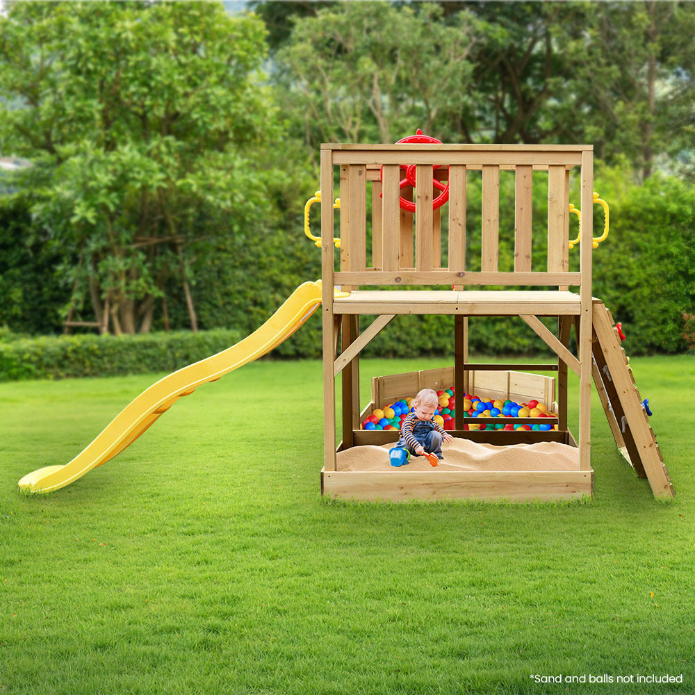Wooden Boat Play Tower with Slide, Climbing Wall & Sandpit - 2.44m High