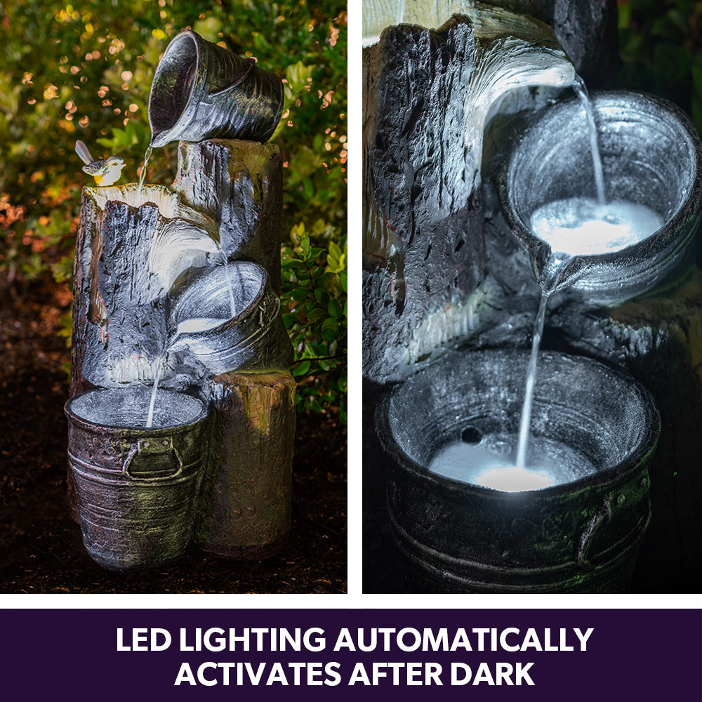 Rustic Cascading Solar Water Fountain with Buckets and LED Lights, 5m Cable