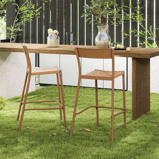 Patio Barstools Set of 2 with Rattan Seat and Metal Backrest-Brown