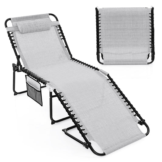 Patio Folding Chaise Lounge Oversized Portable Lay Flat Reclining Chair-Grey-L