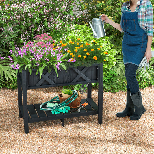 Poly Wood Raised Garden Bed with Storage Shelf and Drainage Holes-Black