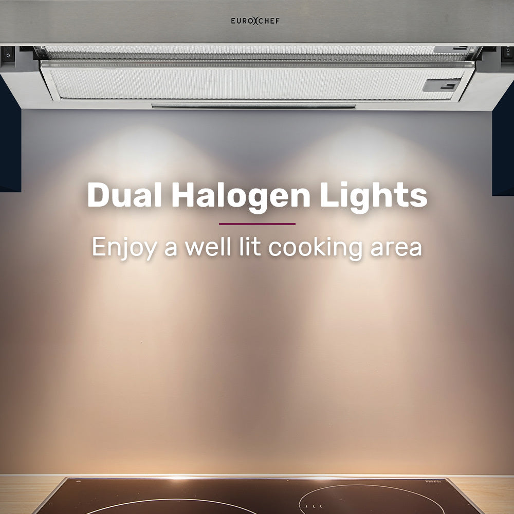 60cm Stainless Steel Slideout Rangehood with Quiet 2-Speed and Halogen Lights