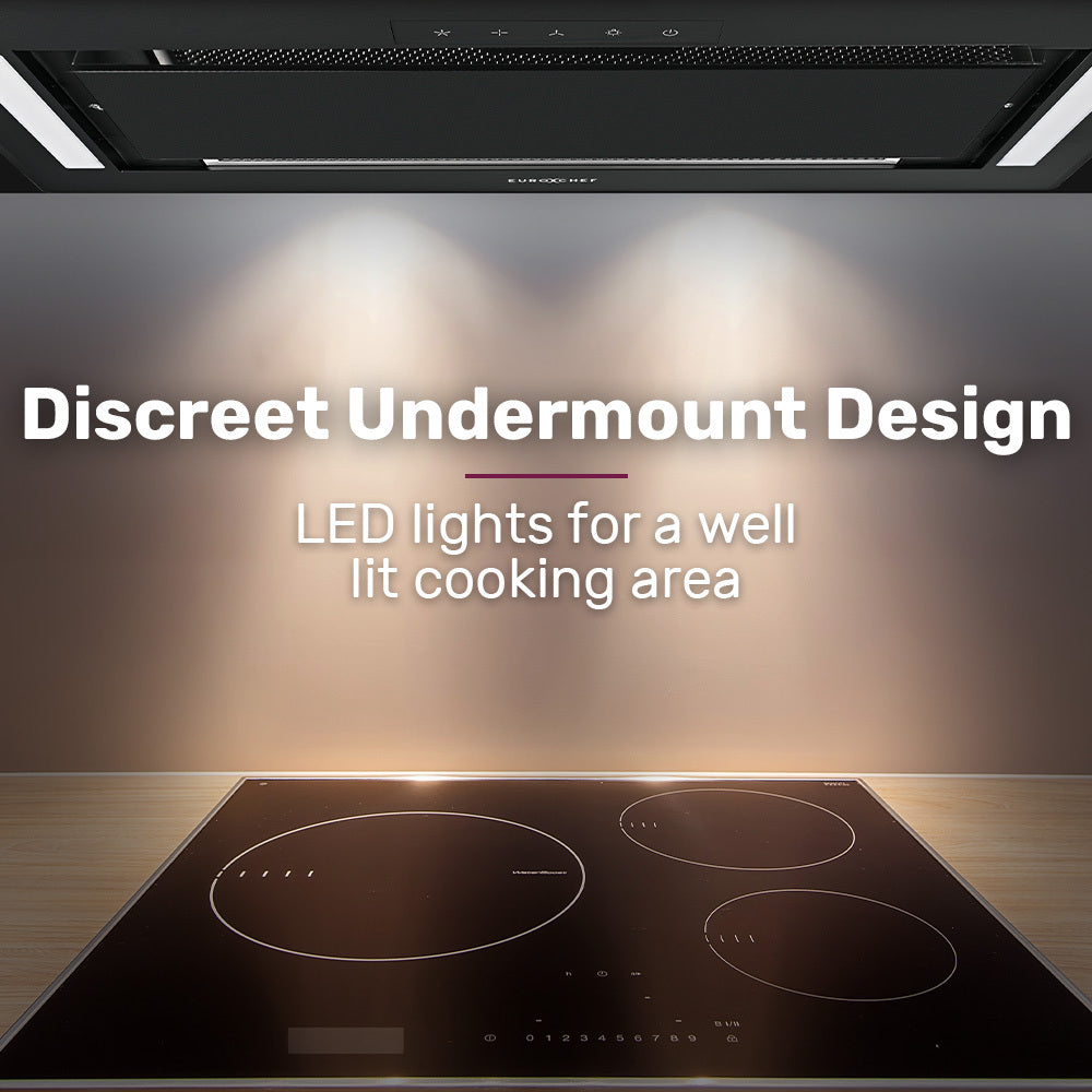 60cm Black Undermount Rangehood, 3-Speed, LED Lights, Quiet Operation