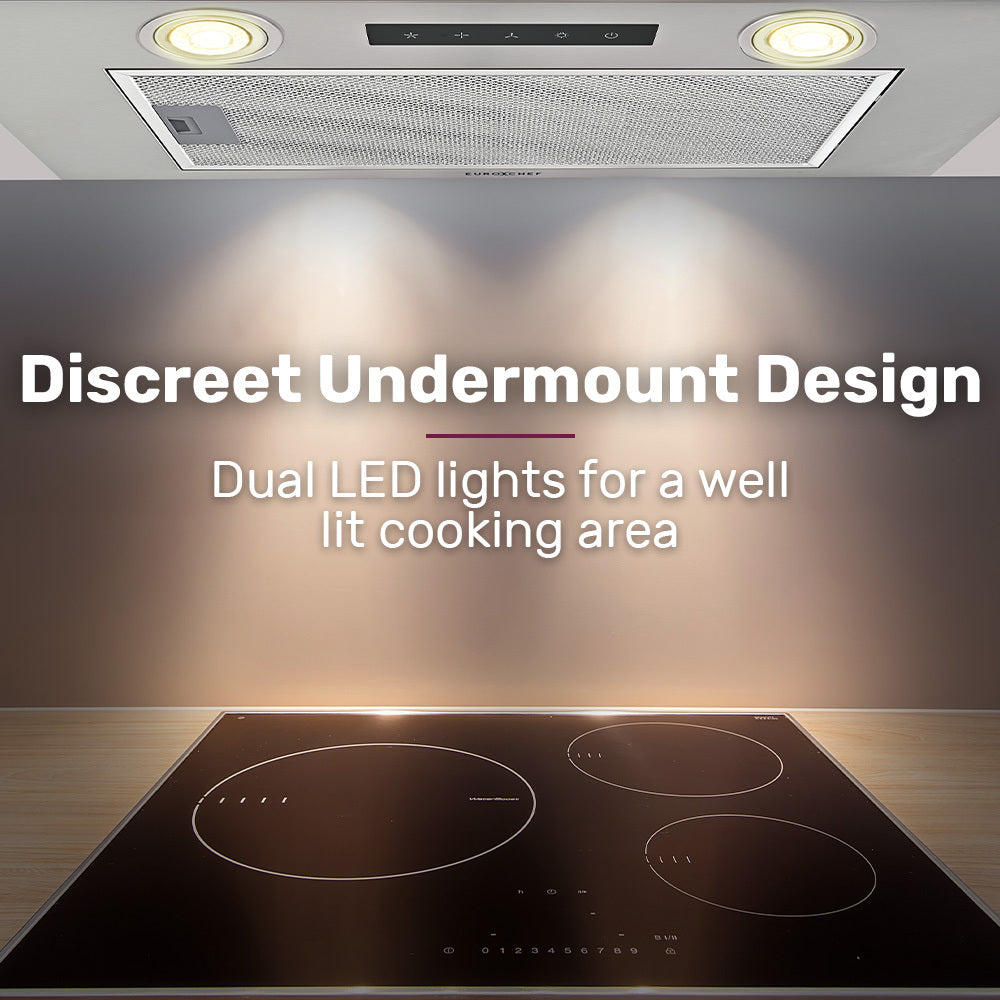 60cm Undermount Rangehood, Quiet 3-Speed, LED, Washable Filter, 500m³/h Capacity
