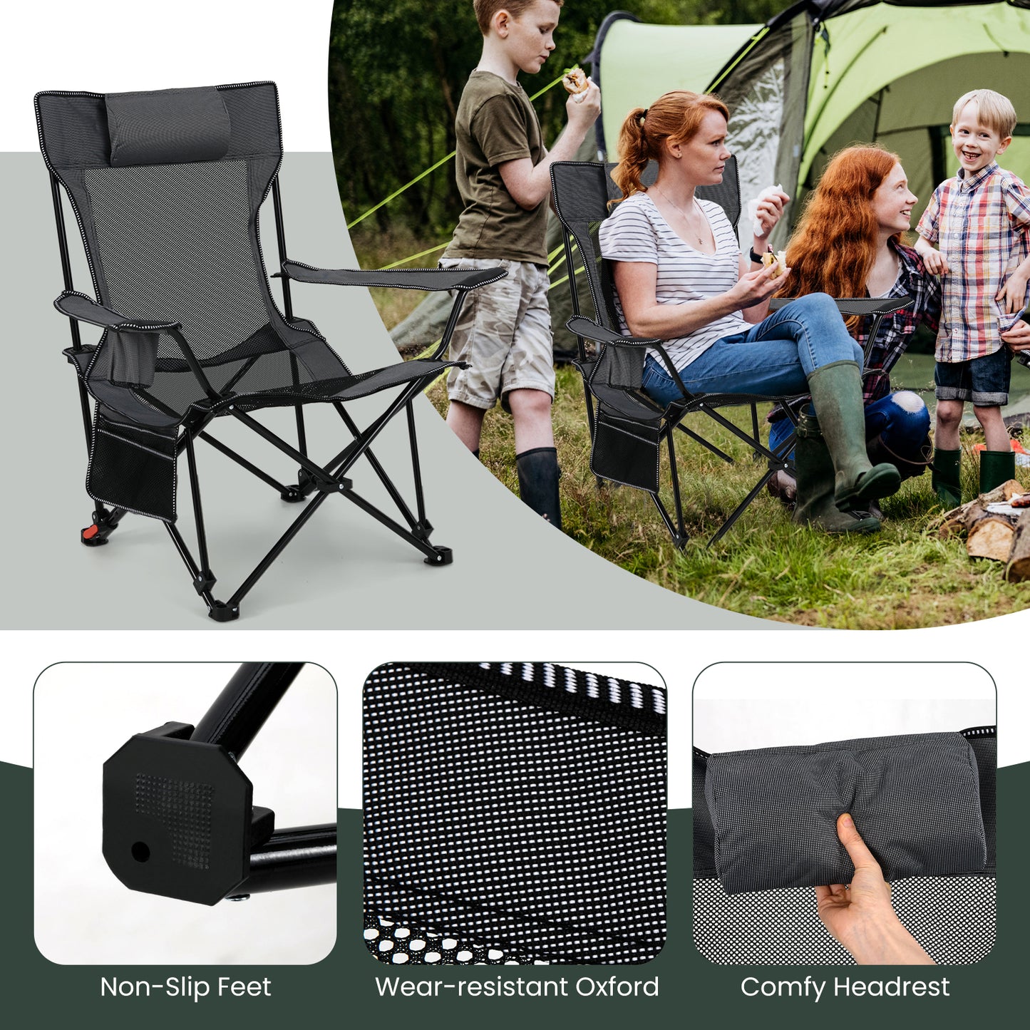 Camping Lounge Chair with Detachable Footrest and Adjustable Backrest for Fishing Camp Picnics-Grey