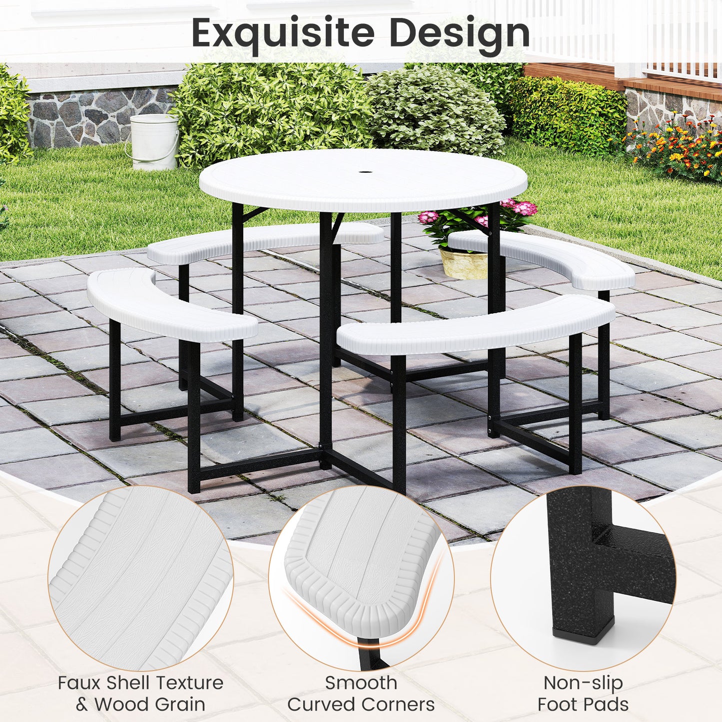 Round Picnic Table Bench Set Outdoor Circular Picnic Table with 4 Benches-White
