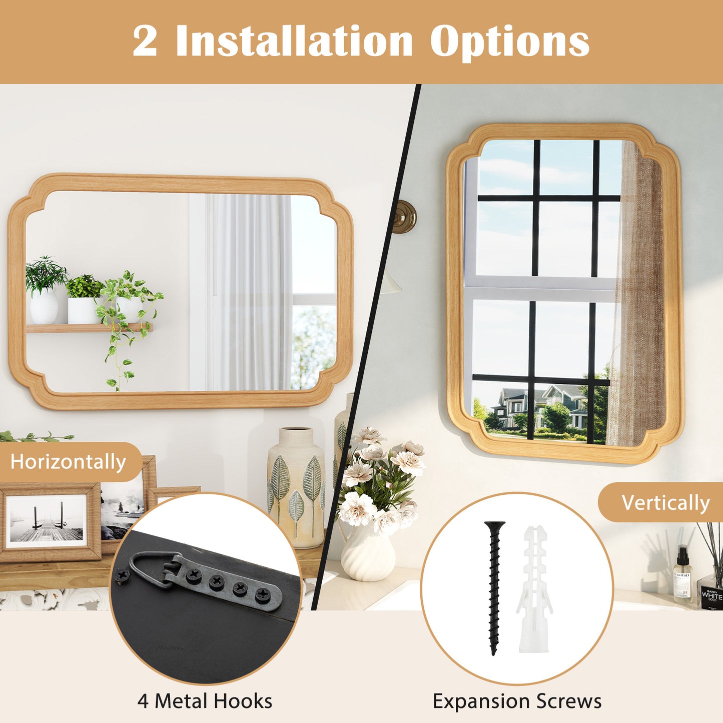 Rounded Corner Arch Wall Mirror for Bathroom Living Room-Natural