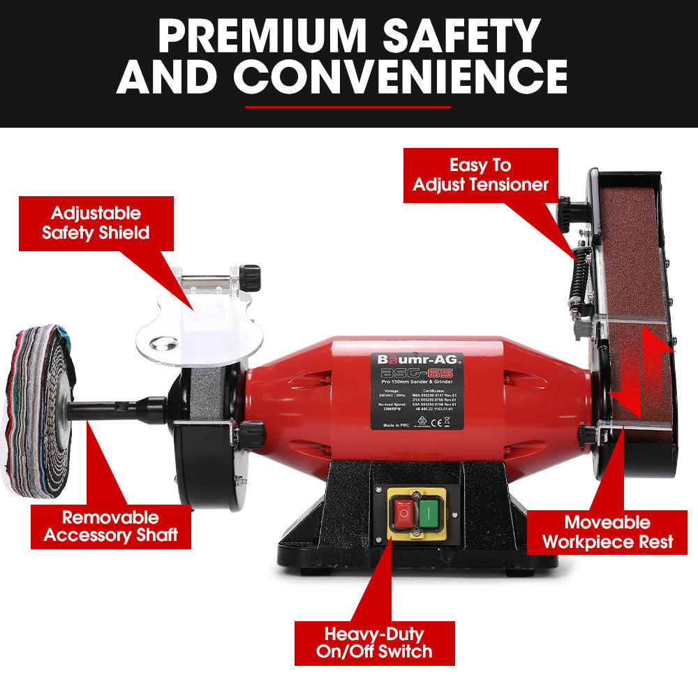 520W Bench Grinder Sander with 0.15m Wheel & 0.05m Linisher, Brushless Motor