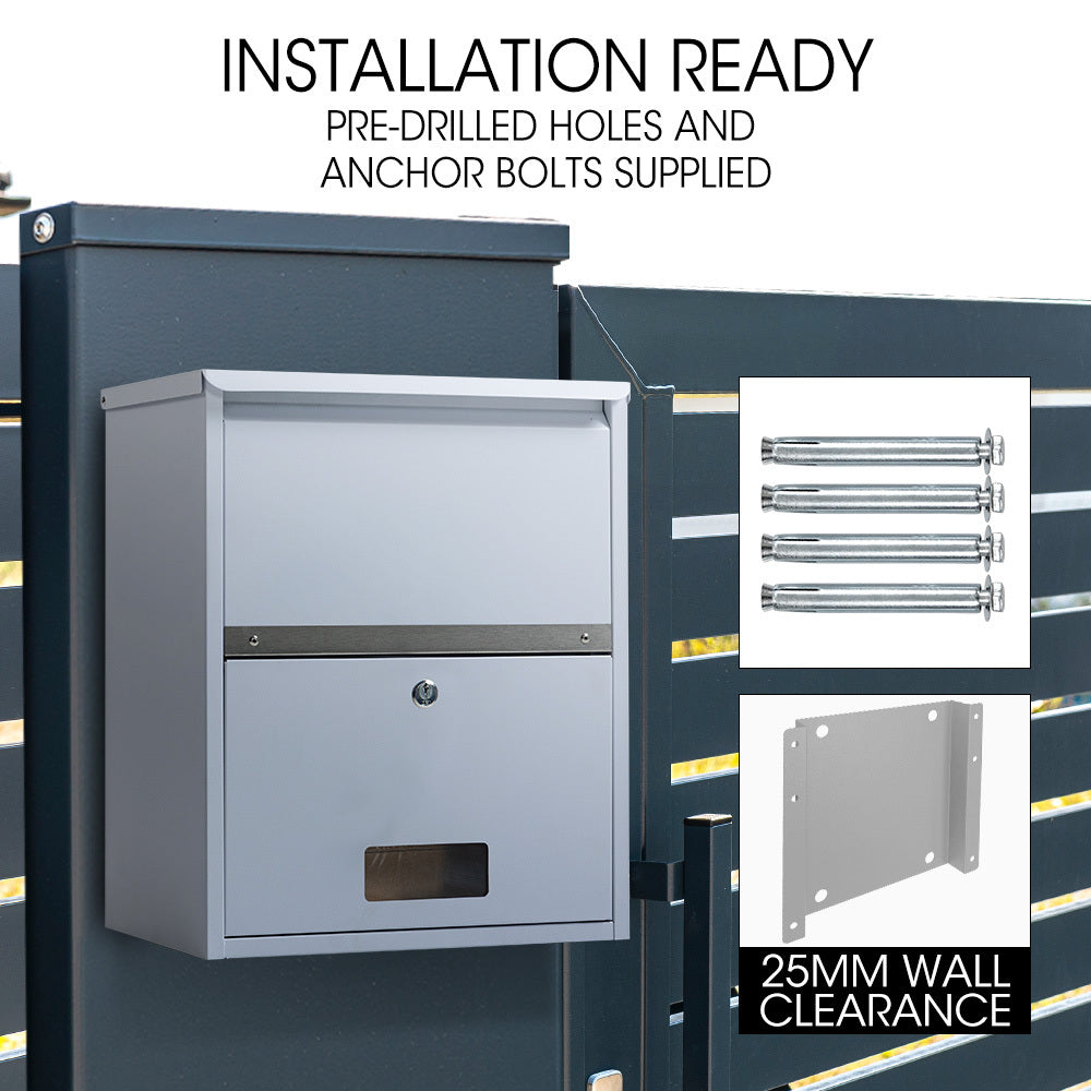 Secure Wall Mounted Parcel Box with Theft-Proof Lid, Light Grey, 0.8m Steel