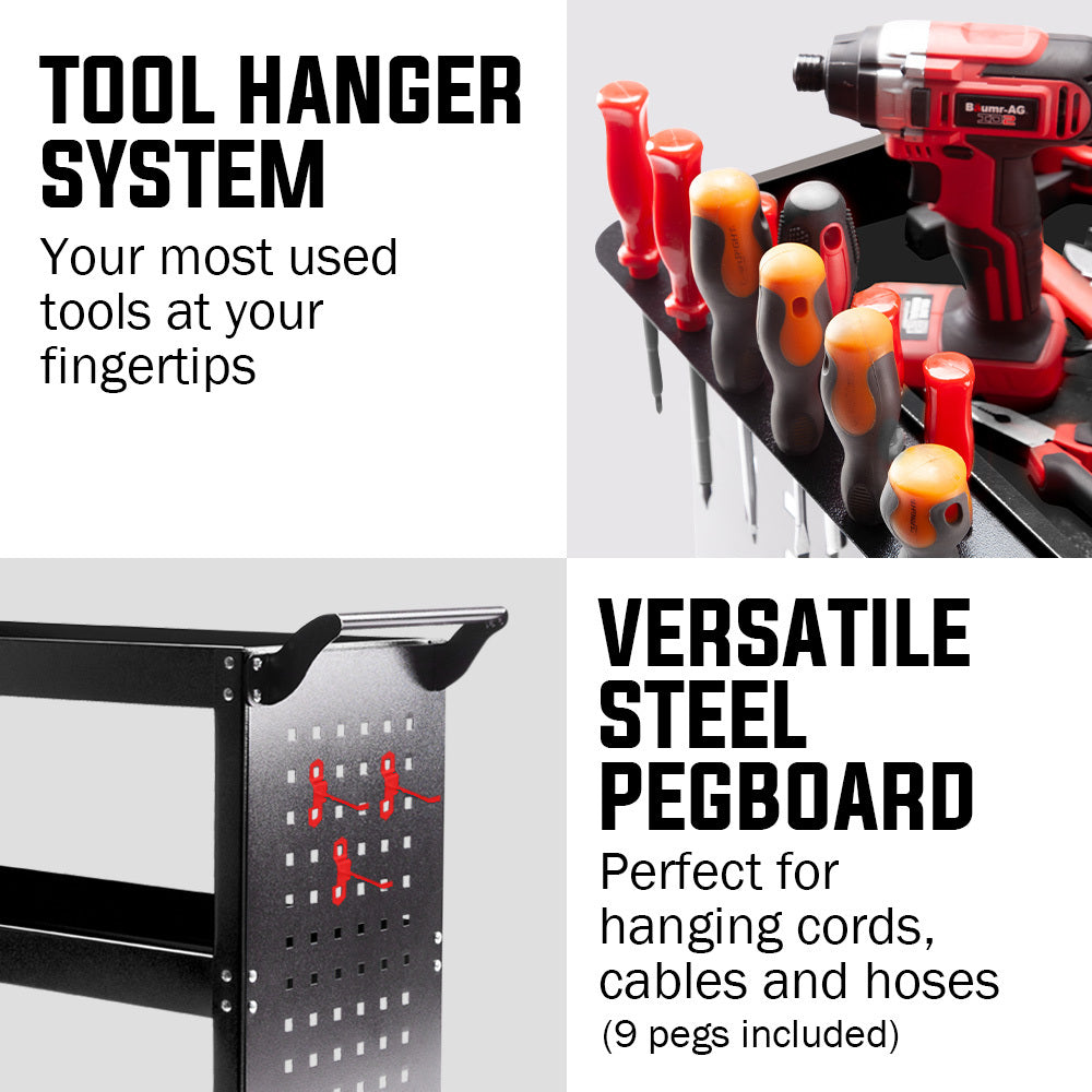 3-Tier Steel Tool Trolley Cart with Pegboard, 150kg Capacity, 0.76m Shelves