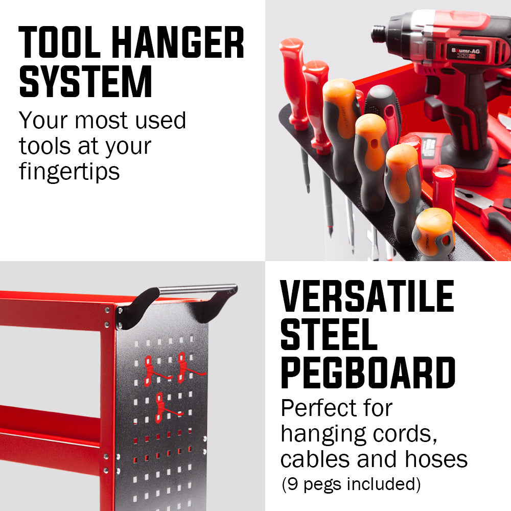 3-Tier Steel Tool Trolley Cart with Pegboard & Screwdriver Rack - 0.38m Capacity