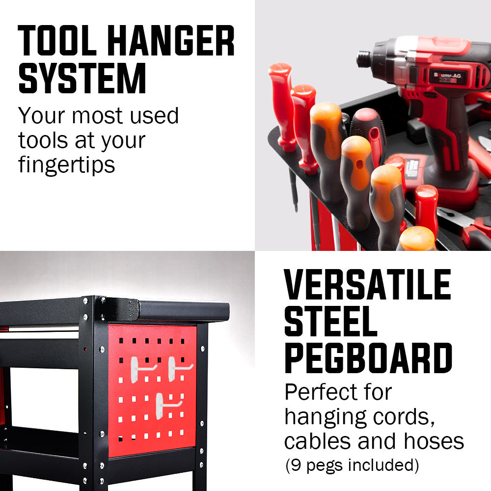 3-Tier Steel Tool Trolley Cart with Drawer and Pegboard, 150kg Capacity