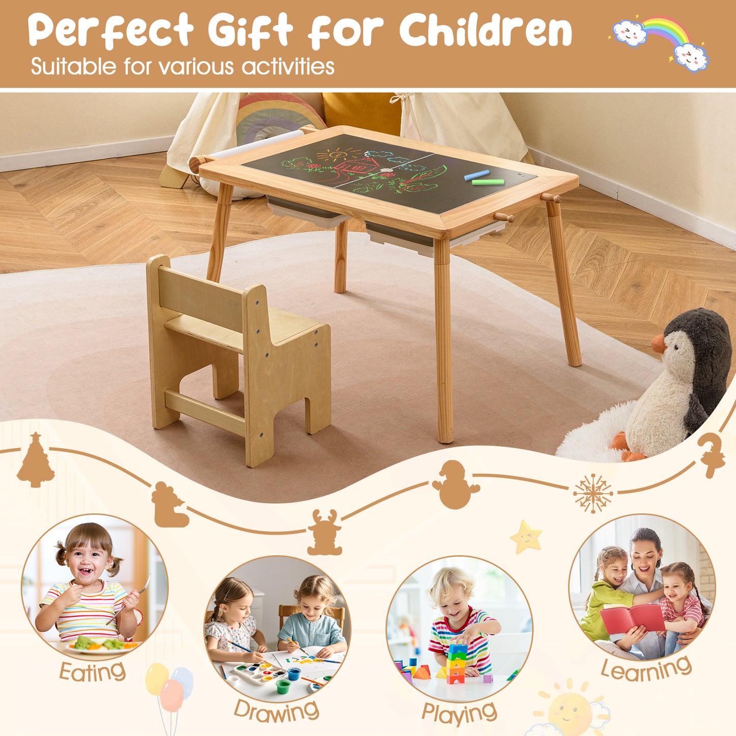 Sensory Toddler Activity Table and Chair Set for Kids 2-8-Natural