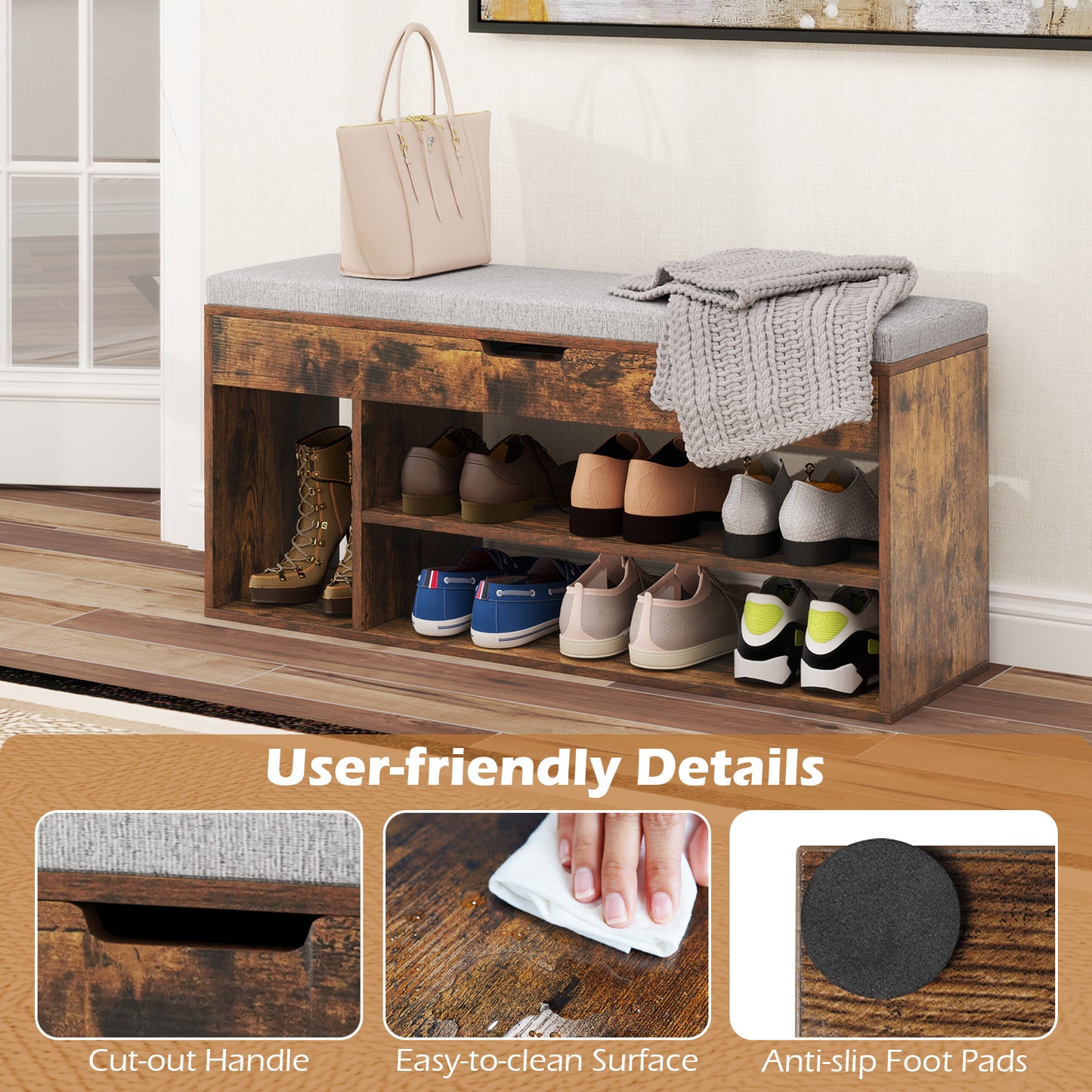 Shoe Bench with Padded Seat and Hidden Storage Home Entryway Shoes rack-Brown