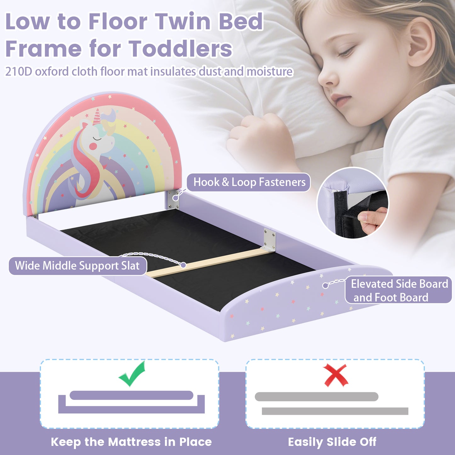 Single Floor Bed Frame Upholstered Twin Size Kids Floor Bed for 3+ Kids-Purple