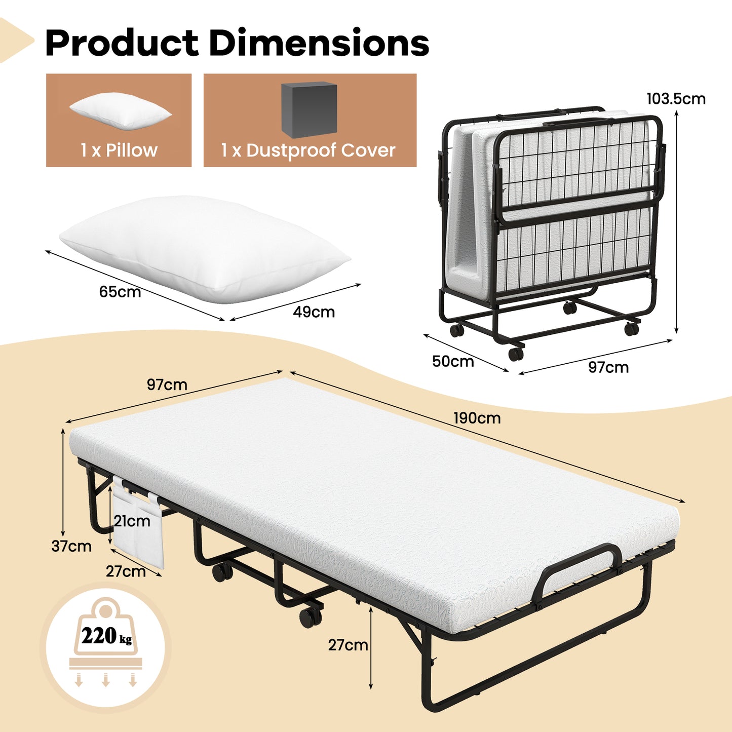 (with Pillow) 190 x 97 cm Rollaway BedSingle Size Folding Bed