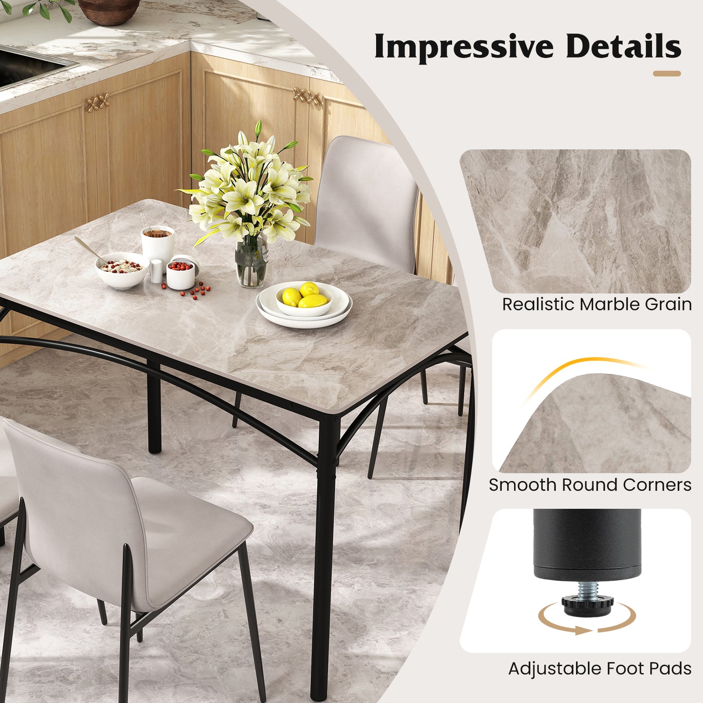 Sintered Stone Dining Table for 4 People with Faux Marble Tabletop and Metal Legs-Grey