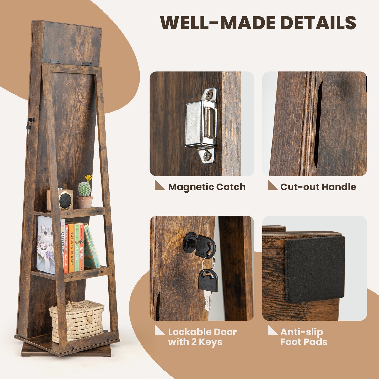Standing Jewelry Organizer with Full Length Mirror and Back Shelves-Rustic Brown