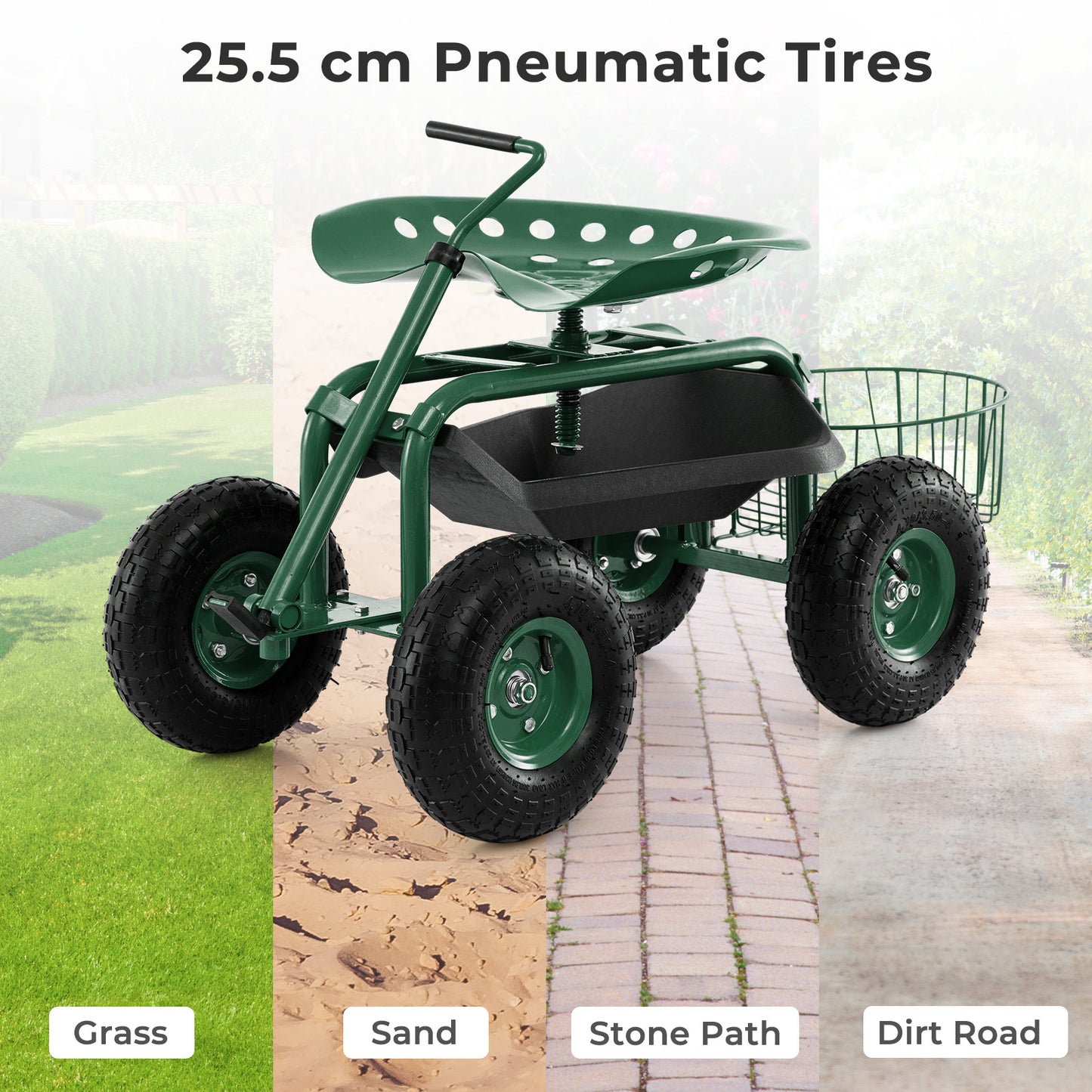 Steerable Garden Cart Rolling Scooter with Extendable Handle and Storage Basket-Green