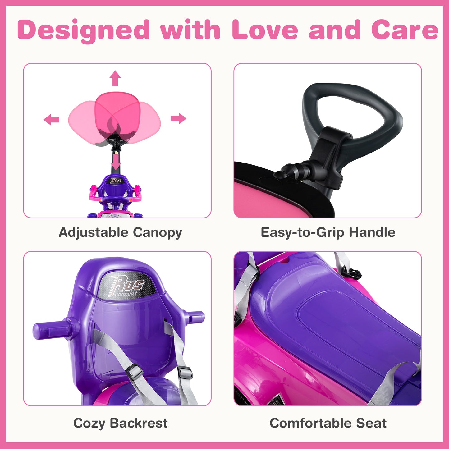 3 in 1 Push Car Stroller Sliding Walking Car with Horn for Toddler -Pink
