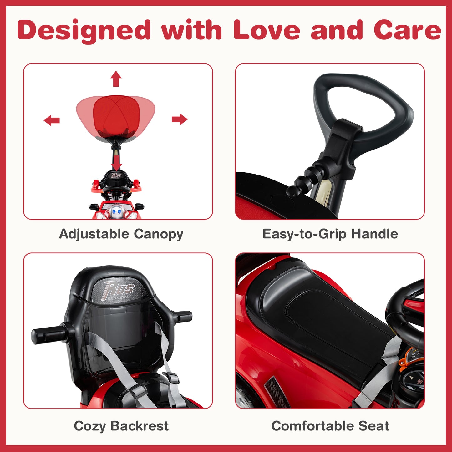 3 in 1 Push Car Stroller Sliding Walking Car with Horn for Toddler -Red