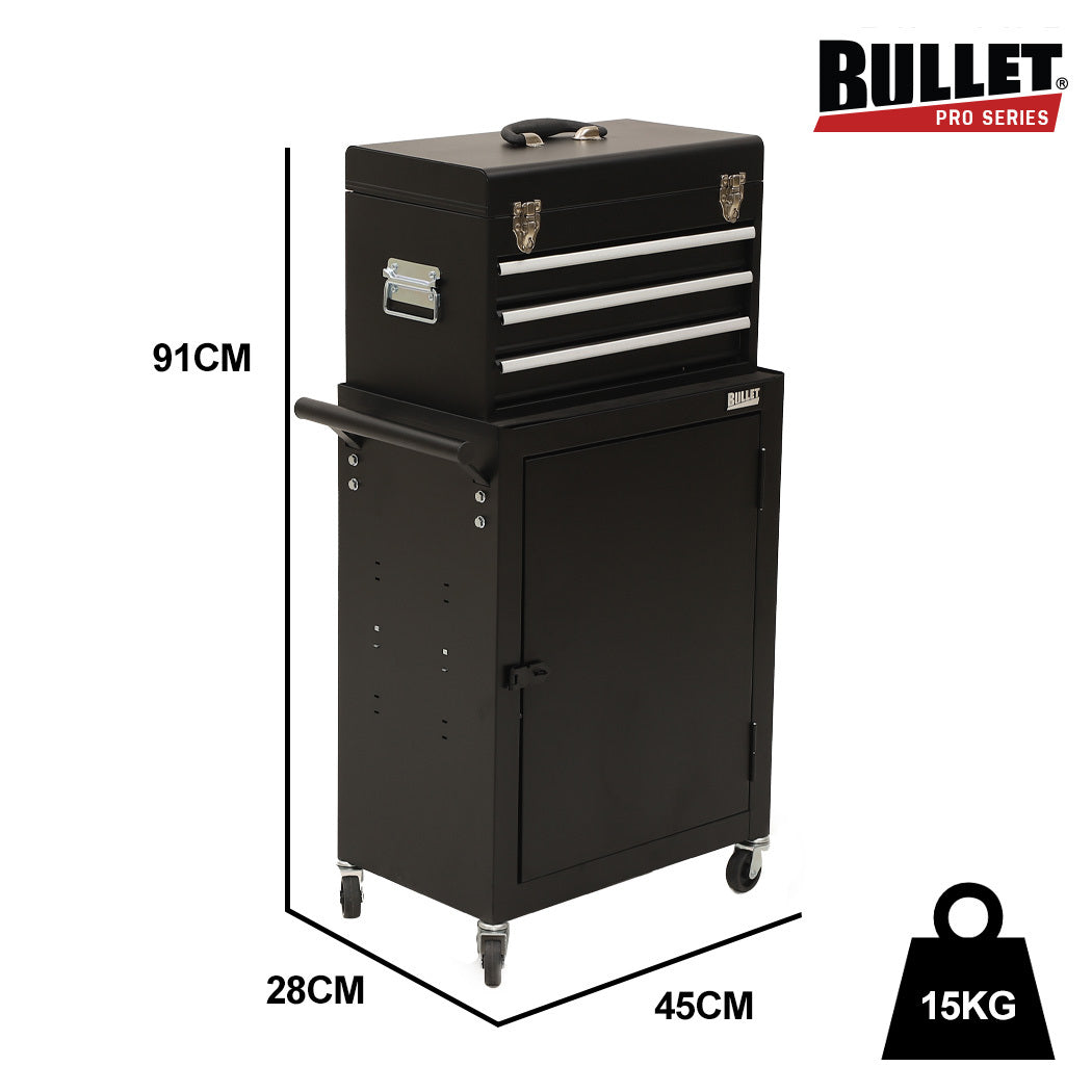 3-Drawer Tool Box Cabinet with 1-Door Toolbox and Lockable Wheels, Black