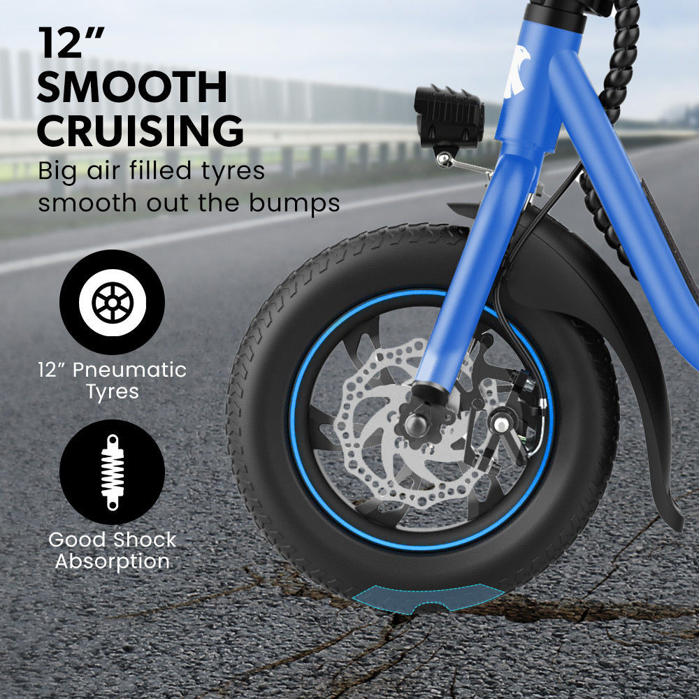 Electric Scooter with Seat, Disc Brakes, 12m Tyres, 25 km/h Speed, Blue