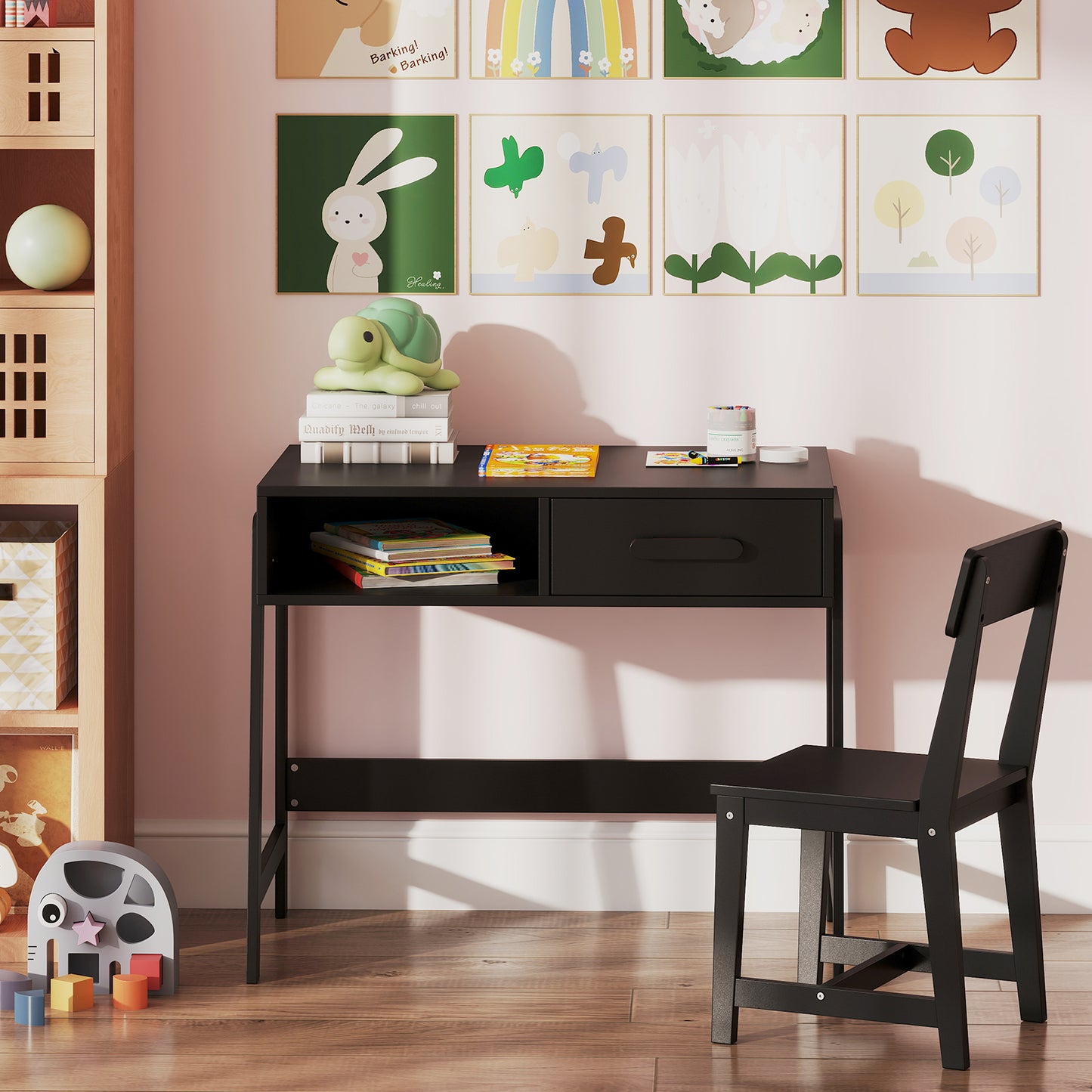Wooden Children Study Table and Chair Set with Storage Drawer and Hutch-Black