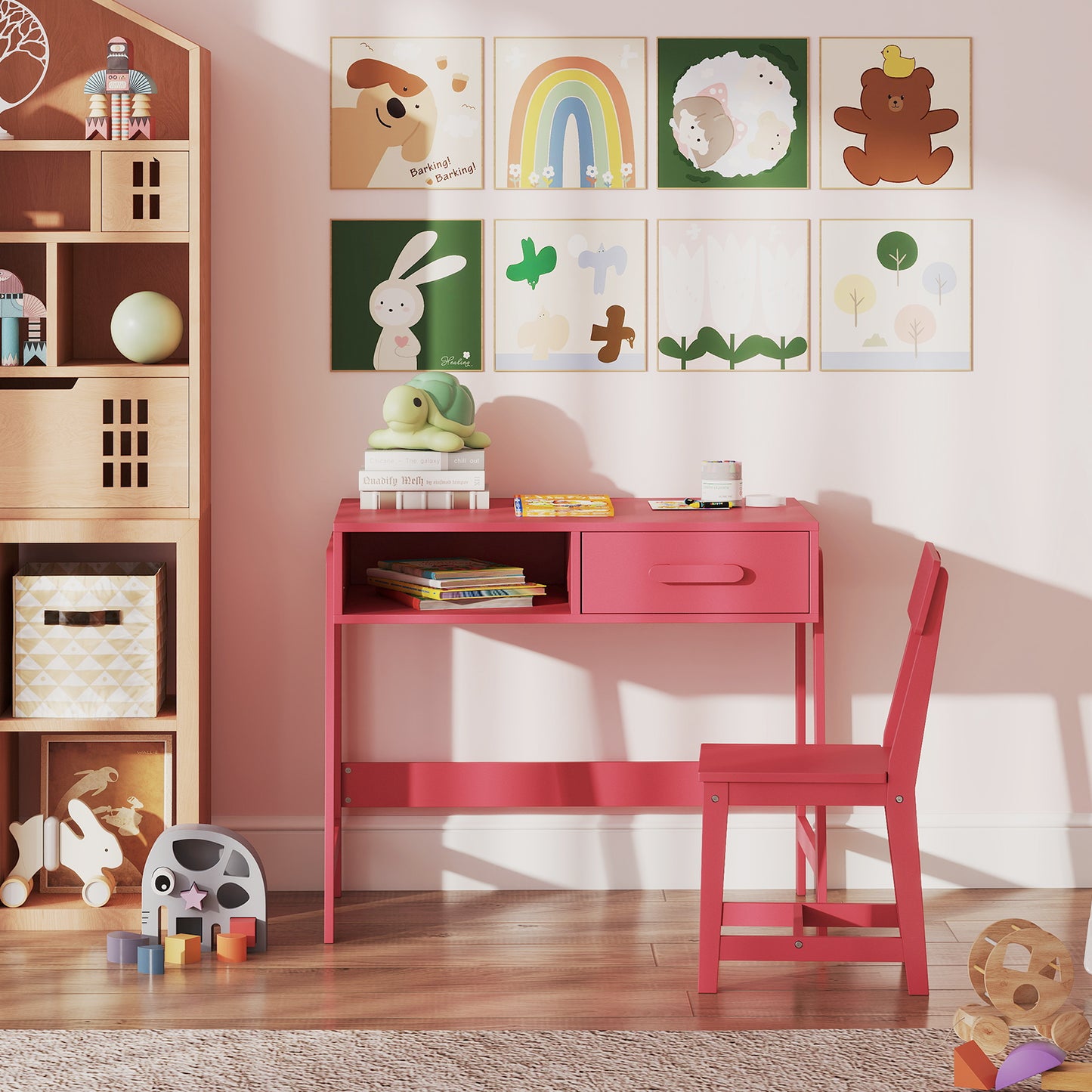 Wooden Children Study Table and Chair Set with Storage Drawer and Hutch-Pink