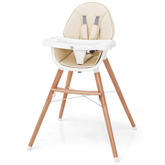 Wooden High Chair with Double 4-Gear Tray for Babies-Beige