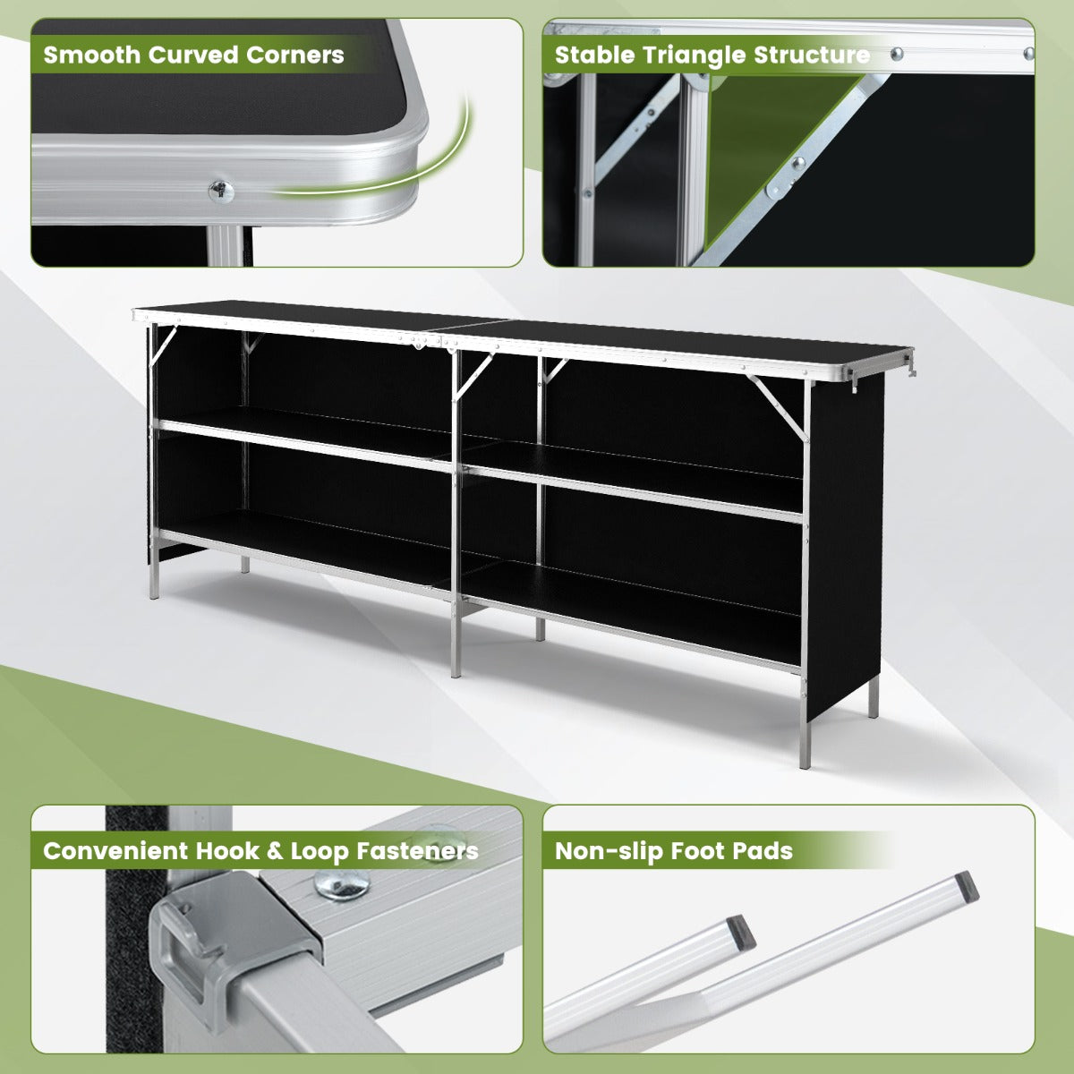 Aluminum Portable Picnic Table with 2-Tier Open Shelves and Spacious Tabletop-Black