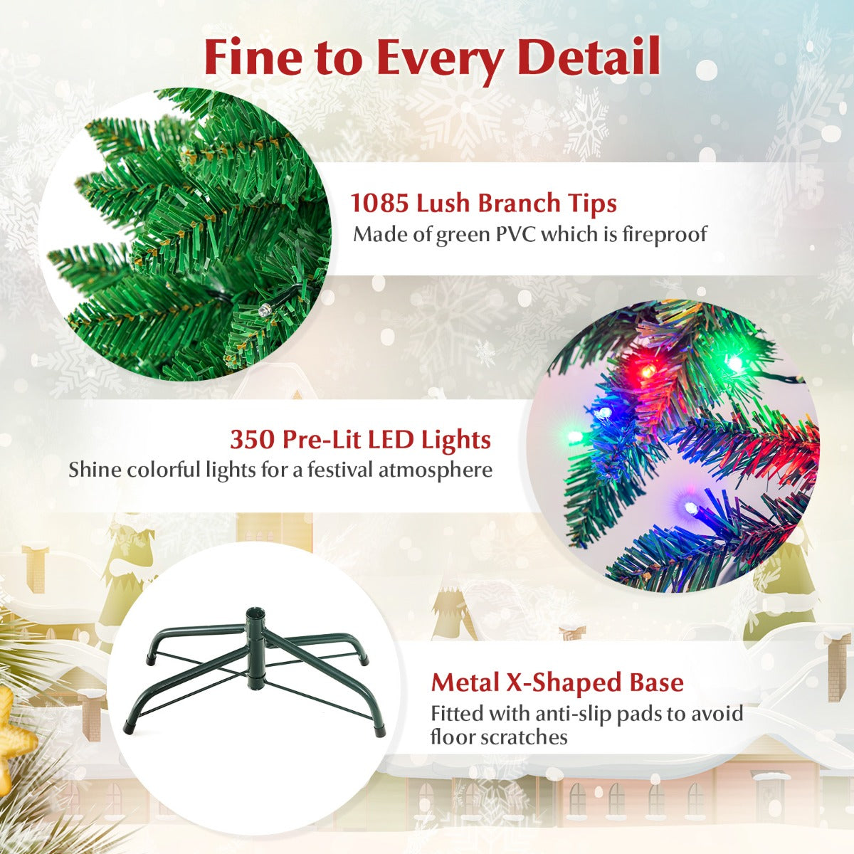 Green artificial tree leaves plenty of space for additional ornaments and decorations