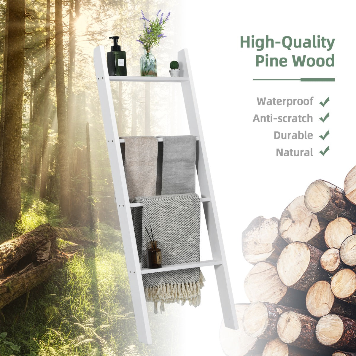 4-Tier Wooden Wall Leaning Ladder Shelf for Bathroom Living Room-White