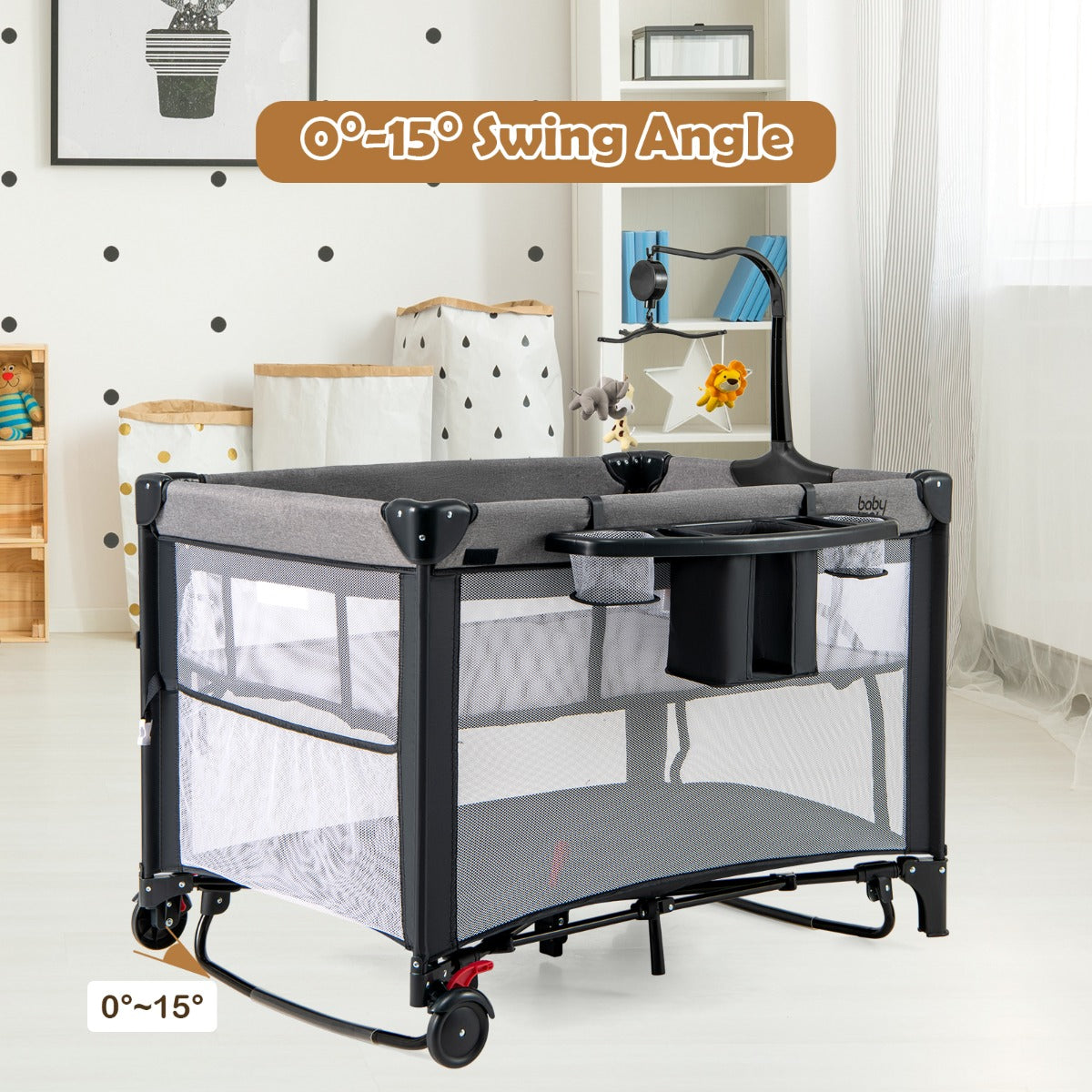 5-in-1 Baby Pack and Play with 4-Level Adjustable Height and Changing Table-Black