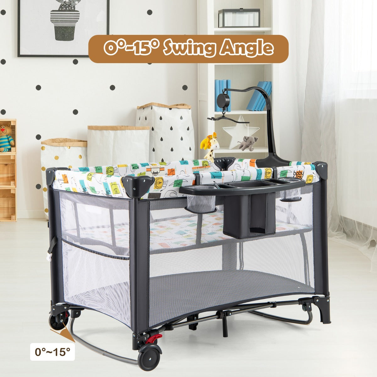 5-in-1 Baby Pack and Play with 4-Level Adjustable Height and Changing Table-Grey