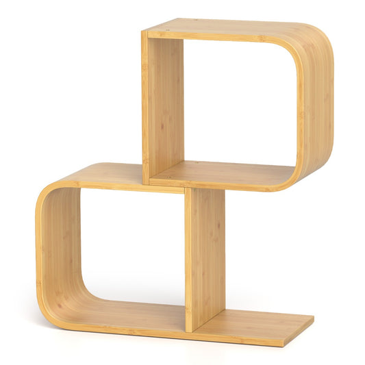 2-Tier S-Shaped Bamboo Bookcase with 2 Open Cubes-Natural
