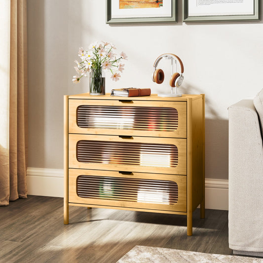 3/4-Drawer Bamboo Storage Cabinet with Fluted Tempered Glass Drawers-Natural-3-Tier