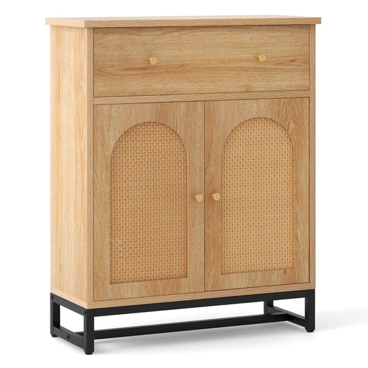 Compact rattan sideboard cabinet adds elegant organization to bathrooms, hallways, and living rooms