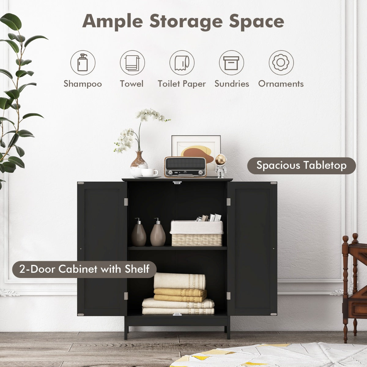 Costway Bathroom Storage Cabinet with Double Doors & Adjustable Shelf-Black