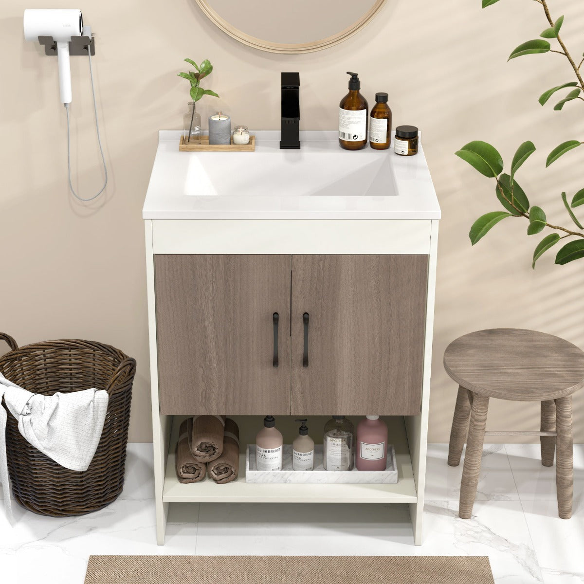 Integrated sink vanity provides organized storage while helping keep the bathroom neat and tidy